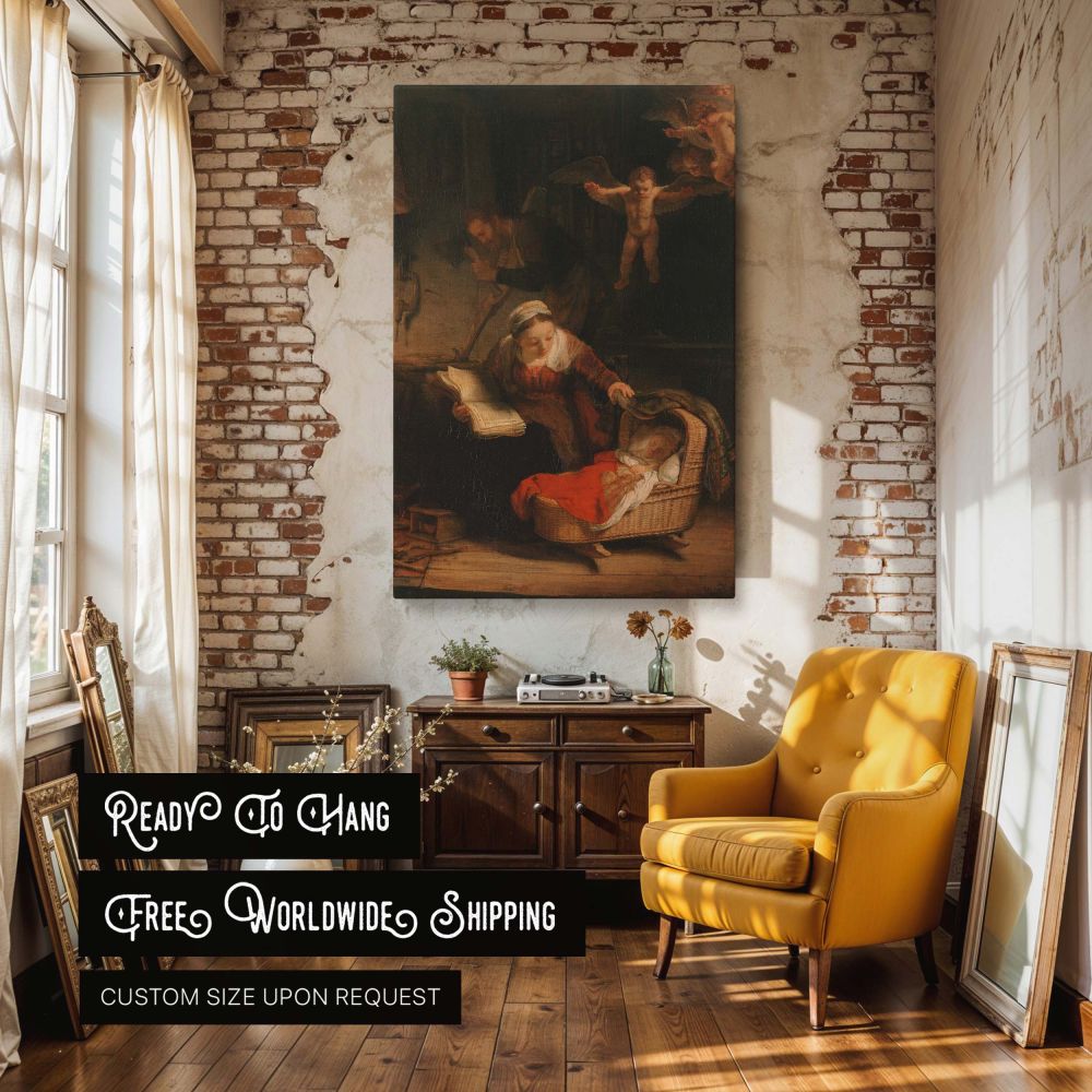 Wall canvas print of The Holy Family by Rembrandt featuring a peaceful scene where Mary bends over the Christ child resting in a wicker cradle while holding an open book. Above them, cherubs drift in warm golden light, and St. Joseph is seen working quiet