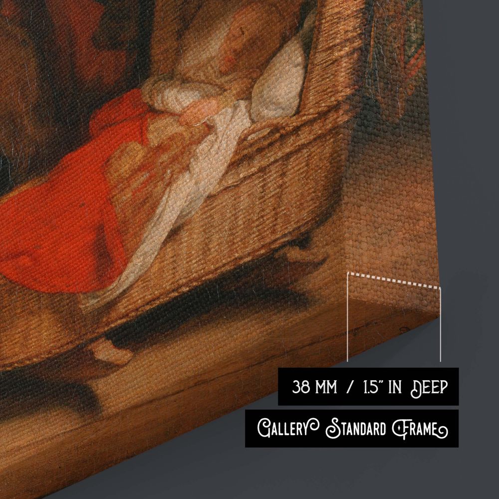 Rembrandt's The Holy Family is presented in this canvas wall print as a peaceful domestic interior filled with sacred symbolism. Mary kneels beside the infant Jesus wrapped in red, Joseph appears working in the background, and three cherubs float above, o