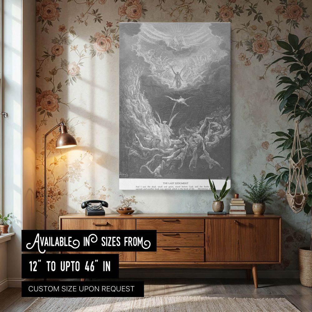 Canvas wall art showing the apocalyptic vision of the Last Judgment from Revelation 20:12, with radiant divine light above and human souls rising to meet it, captured in Gustave Dore's dramatic engraving style for powerful spiritual and prophetic decor.