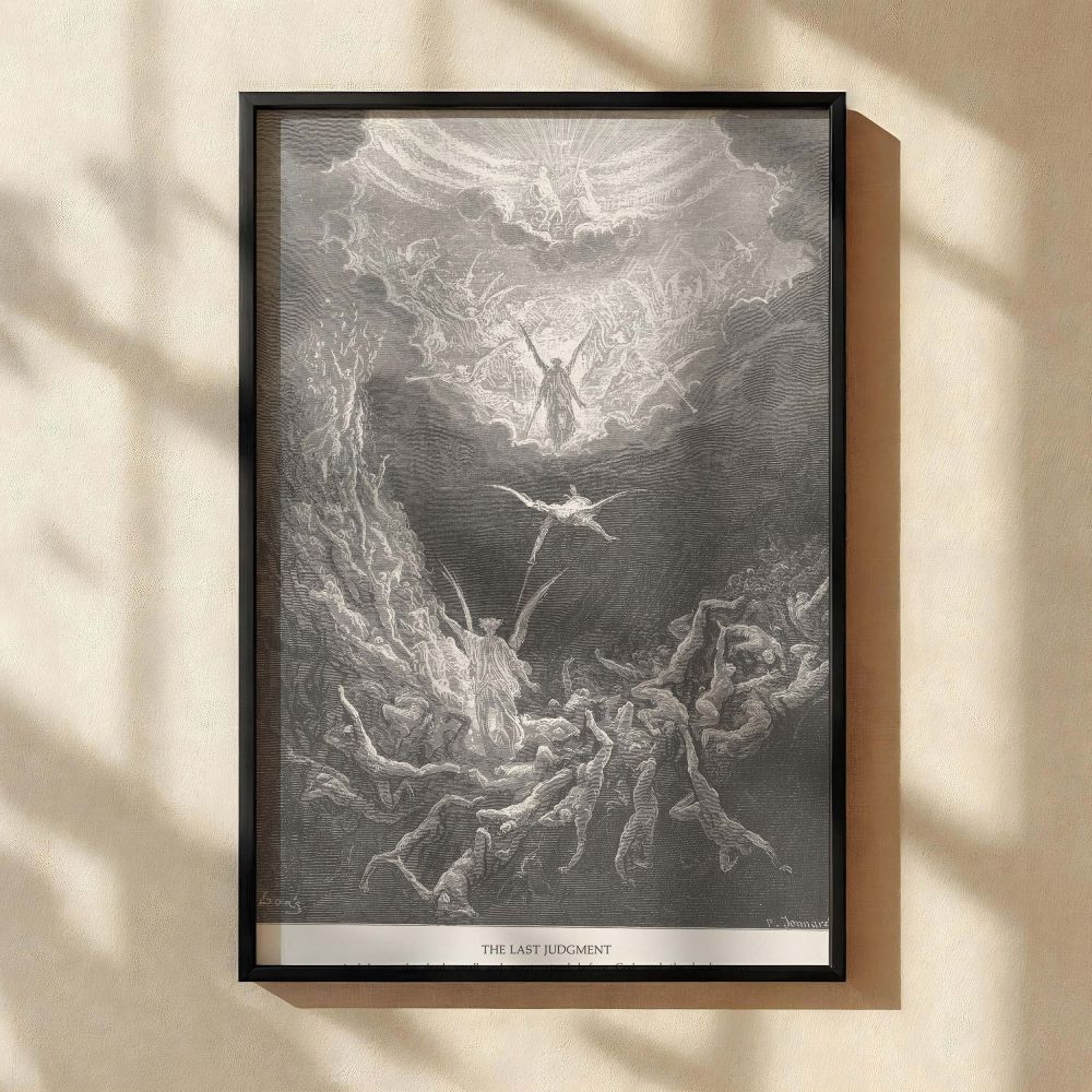 This canvas wall art features Gustave Dore's depiction of the Last Judgment, where books are opened before God and resurrected souls ascend in light, a dramatic and sacred Revelation scene perfect for Christian prayer rooms and eschatological displays.
