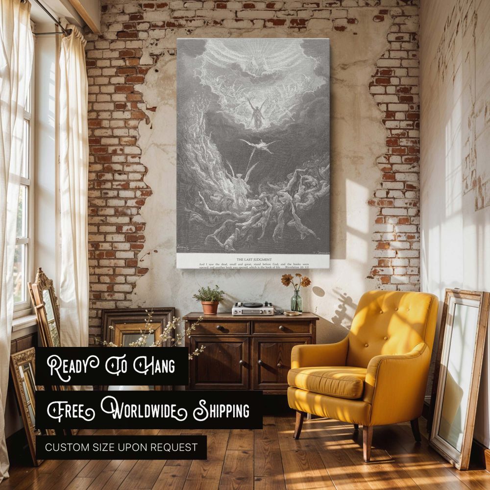 Gustave Dore's canvas wall art of Revelation 20:12 shows divine beings and angelic figures amidst heavenly radiance as the dead are raised for judgment, an awe-inspiring piece for sacred Christian interiors and theological contemplation.