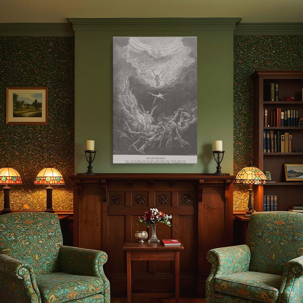 Canvas wall art illustrating the Last Judgment with swirling figures rising in streams of light before the throne of God, engraved by Gustave Dore with intense clarity and reverence, ideal for Christian homes and churches focused on prophetic messages.