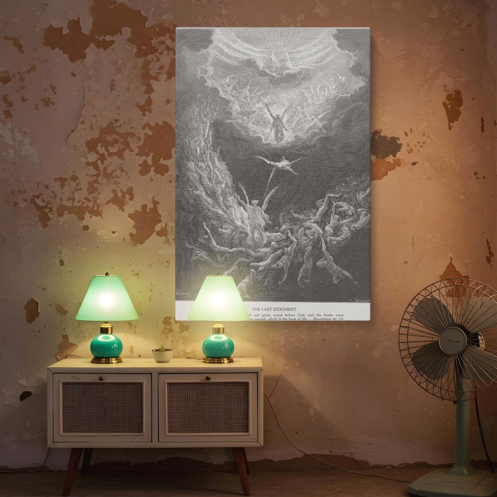 A dramatic black and white canvas wall art depicting the divine scene of Revelation 20:12 with souls ascending from the earth toward the book of life, rendered in Gustave Dore's timeless engraving for bold Christian visual storytelling.