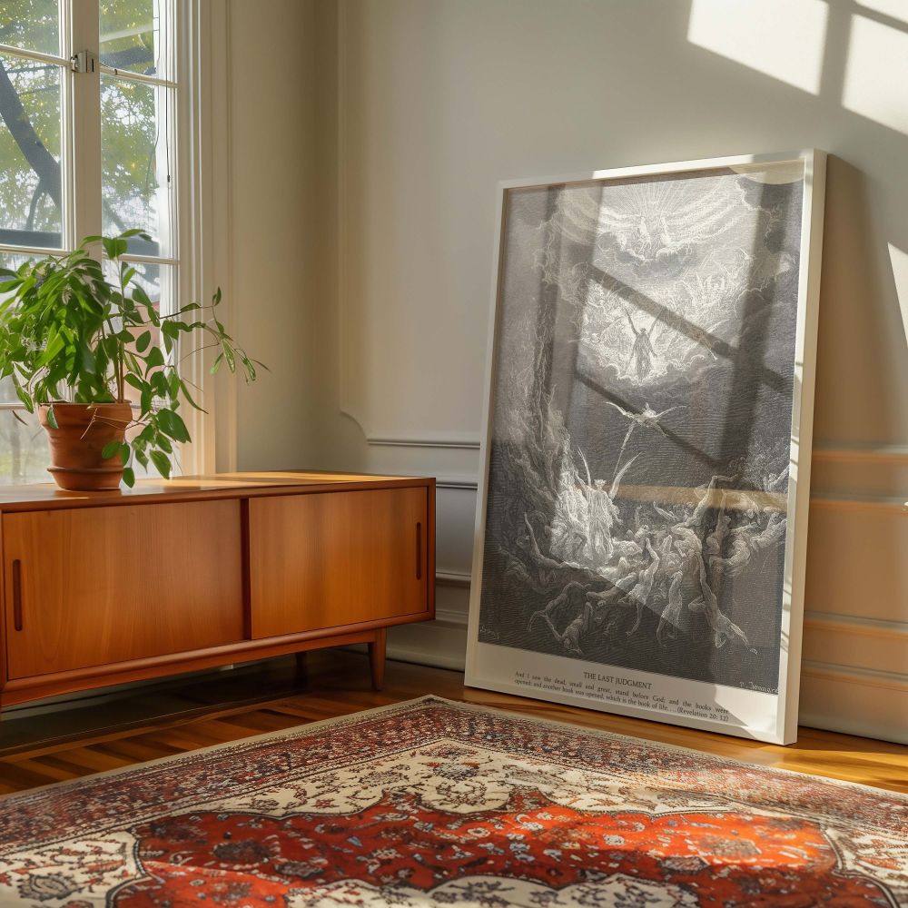 This sacred canvas wall art shows multitudes resurrected in the presence of divine light, surrounded by angels and heavenly glory, from Dore's Last Judgment engraving-perfect for deep spiritual reflection and Christian decor themes.