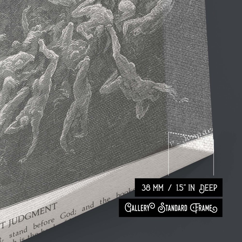 Canvas wall art of Revelation 20:12 engraved by Gustave Dore, illustrating rising souls, the book of life, and radiant judgment from heaven above, ideal for those inspired by eschatology, theology, and sacred Christian imagery.
