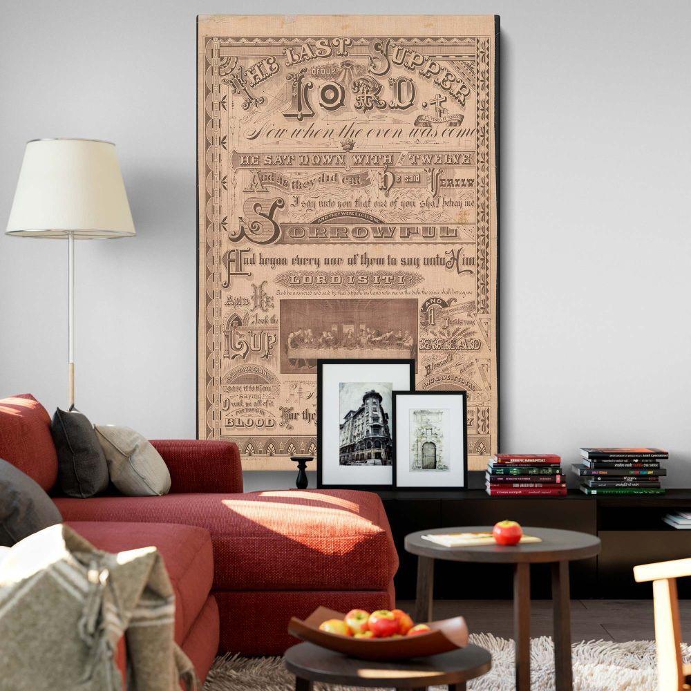 The Last Supper of Our Lord canvas wall print, a vintage religious artwork featuring intricate biblical typography and sacred imagery, a perfect Christian decor piece for churches, offices, or spiritual study rooms seeking faith-based inspiration.