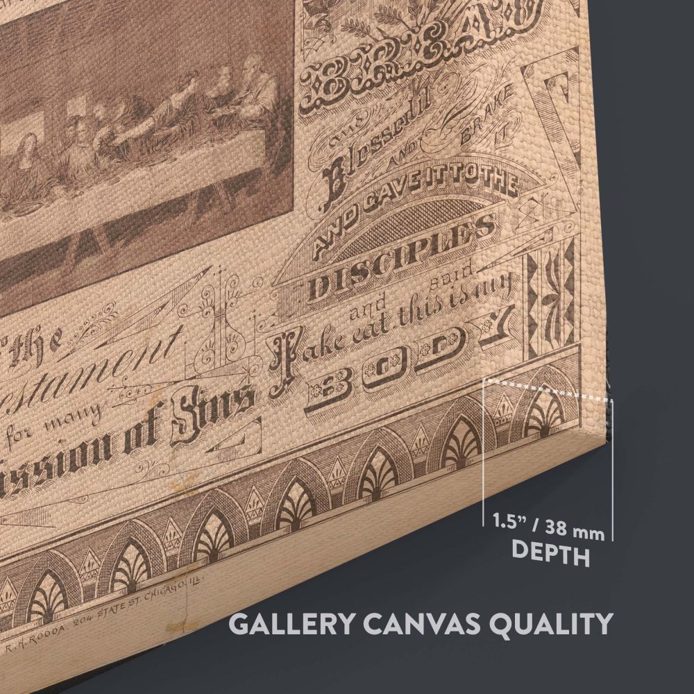 Museum-quality Last Supper of Our Lord framed canvas print, a detailed vintage religious artwork featuring ornate typography, a timeless Christian decor piece ideal for chapels, devotional spaces, churches, or classic faith-based home interiors.