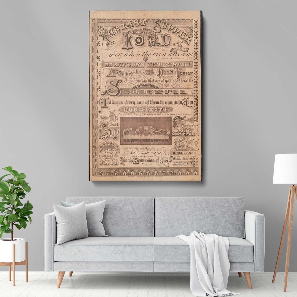 Elegant Last Supper of Our Lord canvas print, a beautifully detailed biblical artwork with intricate scripture-based typography, a perfect Christian gift for pastors, religious homes, theological offices, or church prayer rooms seeking inspiration.