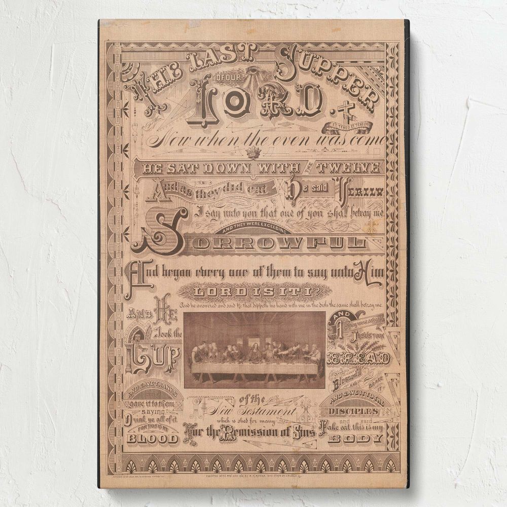 Christian-themed framed canvas print of The Last Supper of Our Lord, an ornate vintage design with meaningful religious script, a classic faith-based decor piece ideal for traditional Christian homes, offices, or church prayer and study rooms.