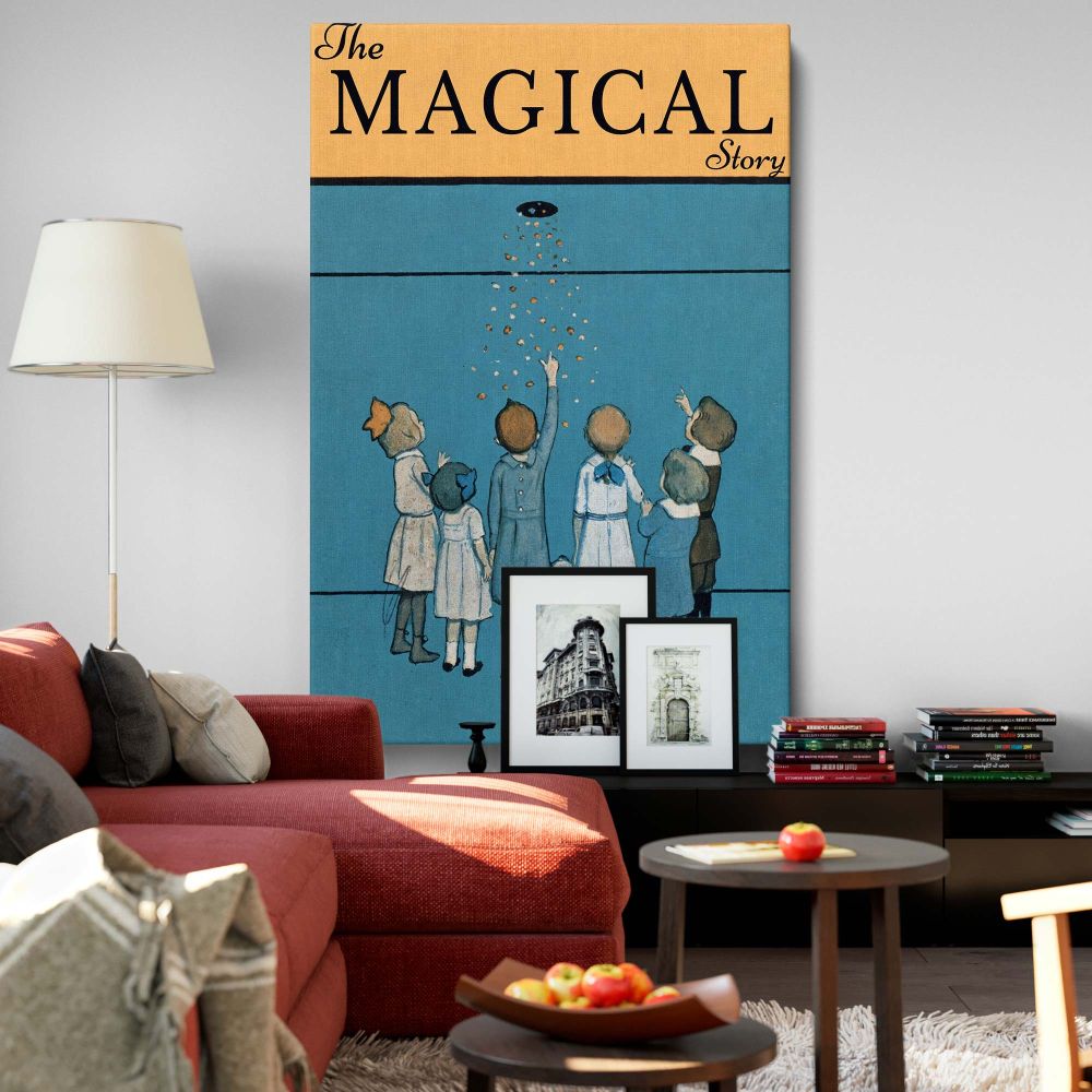 Vintage-inspired wall canvas featuring children reaching for falling golden sparkles against a soft blue backdrop, evoking a sense of whimsy, innocence, and magic, ideal for creating a nostalgic and charming atmosphere in any space.