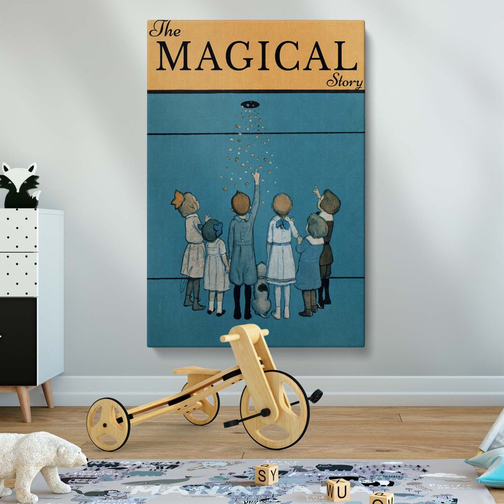Whimsical illustration of children reaching toward shimmering golden sparkles falling in the air, accompanied by a dog, set on a calming blue canvas background, ideal for adding nostalgic and magical decor to living spaces, nurseries, or cozy rooms.