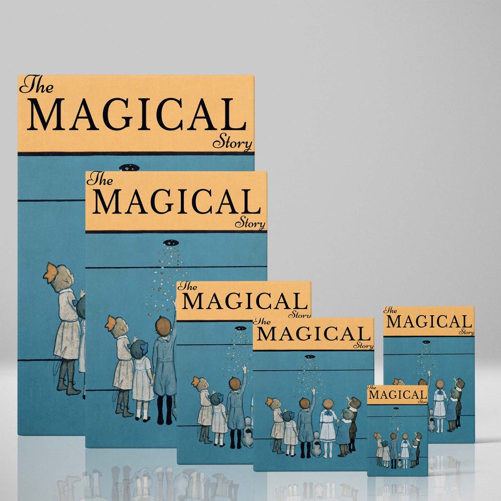 Nostalgic and whimsical wall art showcasing children with outstretched hands trying to catch golden sparkles on a soft blue background, accompanied by a small dog, making it a charming and enchanting addition to any wall or living space.