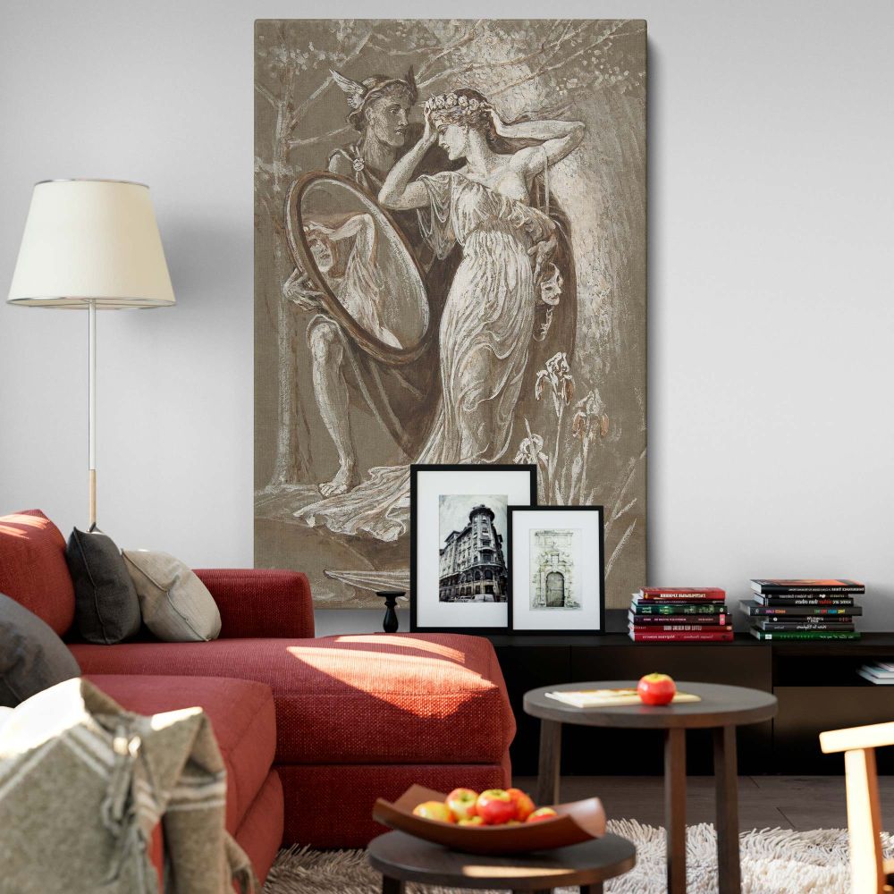 The Mirror of Venus by Walter Crane, Art Nouveau mythological canvas print featuring Venus gazing into a mirror held by Mercury, symbolizing art and life. Perfect for home, office, or study decor, this vintage illustration adds classical charm.