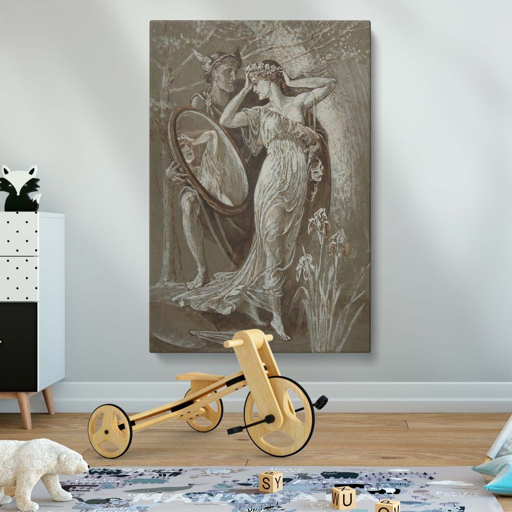 Vintage canvas print of The Mirror of Venus by Walter Crane, a stunning Art Nouveau depiction of Venus and Mercury. This elegant framed artwork is perfect for classic art lovers, mythology enthusiasts, and antique interior decor collectors.