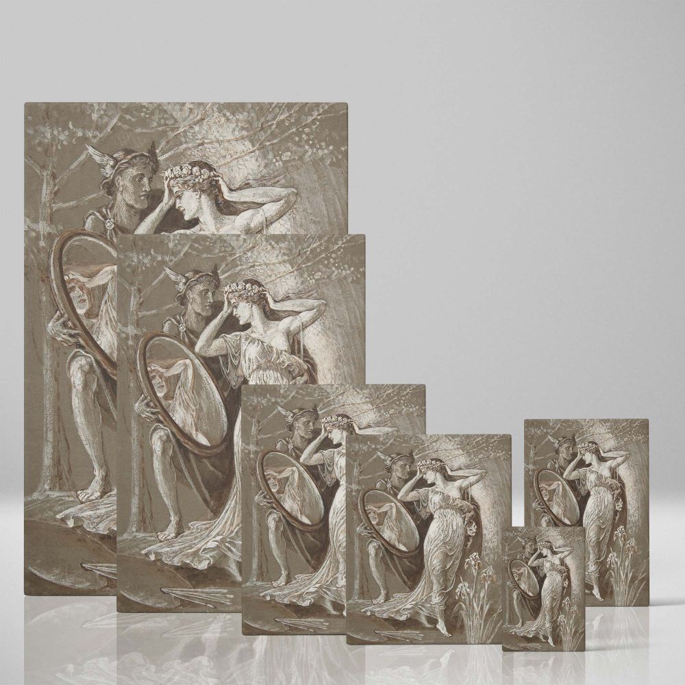 Walter Crane's The Mirror of Venus canvas print, a vintage Art Nouveau masterpiece featuring mythological figures in sepia tones. A classic framed wall art piece perfect for historical art lovers, collectors, and elegant interior designs.