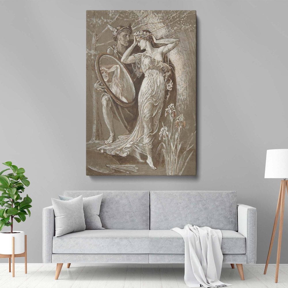 The Mirror of Venus by Walter Crane framed canvas wall art, an elegant Art Nouveau mythological artwork featuring Venus and Mercury. This high-quality reproduction is ideal for home, office, or study decor with an antique aesthetic.