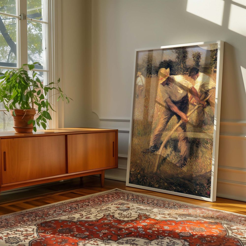 Featuring three field workers engaged in harvesting wild grass, this canvas wall art print of 