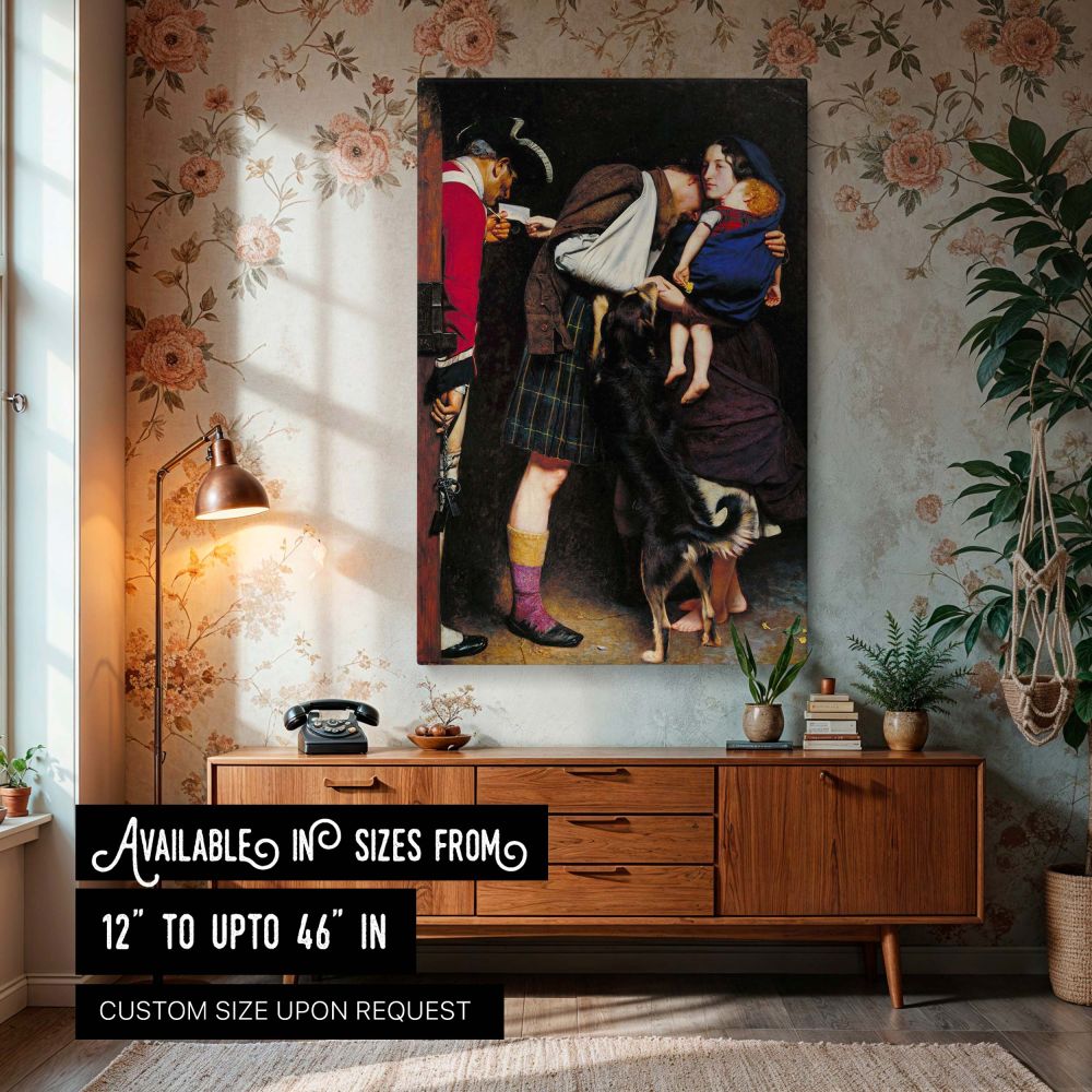 Canvas wall art of The Order of Release 1746 by Sir John Everett Millais showing a wounded soldier embraced by his wife holding their child while receiving a release order, a dramatic emotional historical painting printed as high-quality canvas wall art f