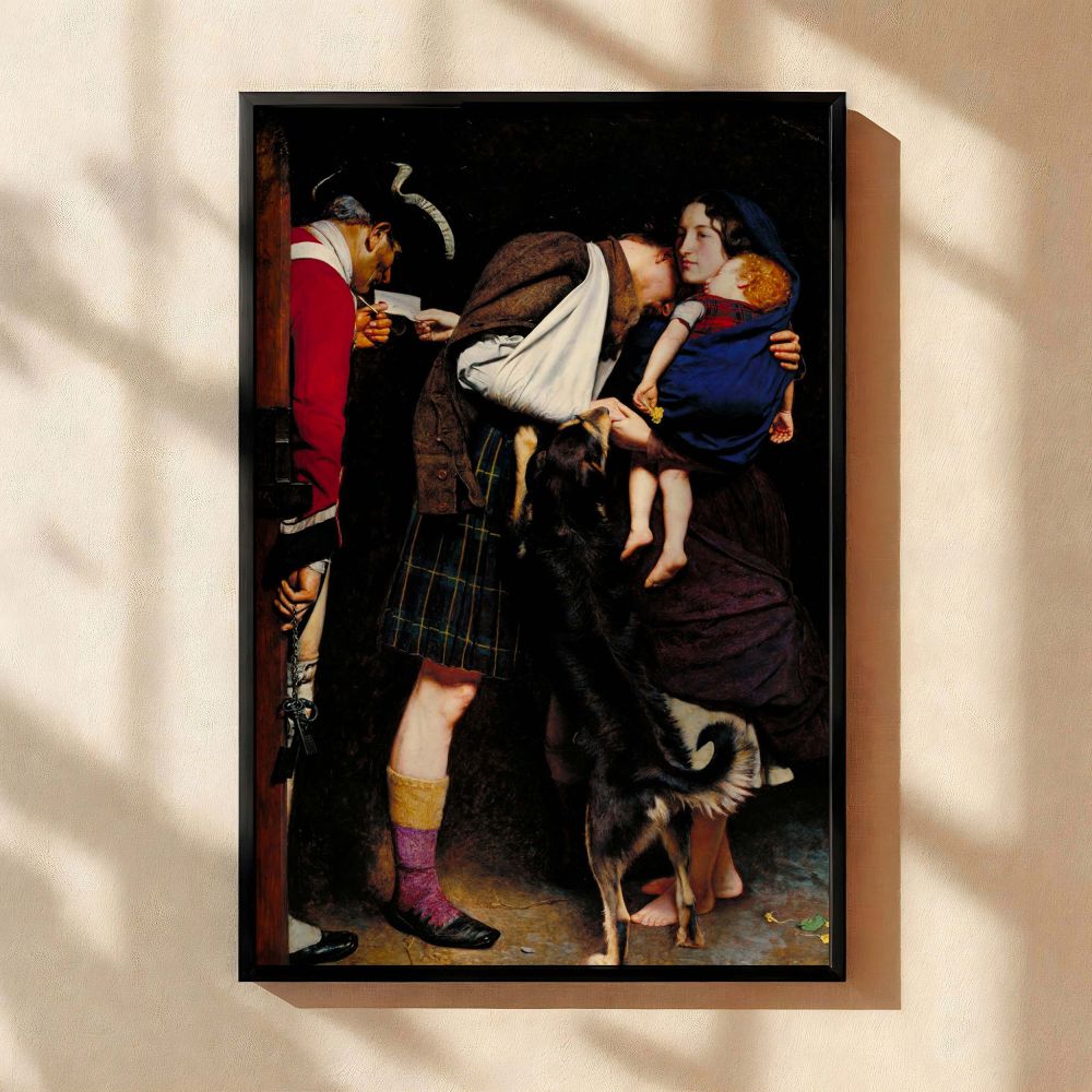 The Order of Release 1746 canvas wall print featuring Sir John Everett Millais's heartfelt scene of a Scottish family reunion after imprisonment, rich with romantic Pre-Raphaelite detail, perfect for vintage decor and classical storytelling wall art.