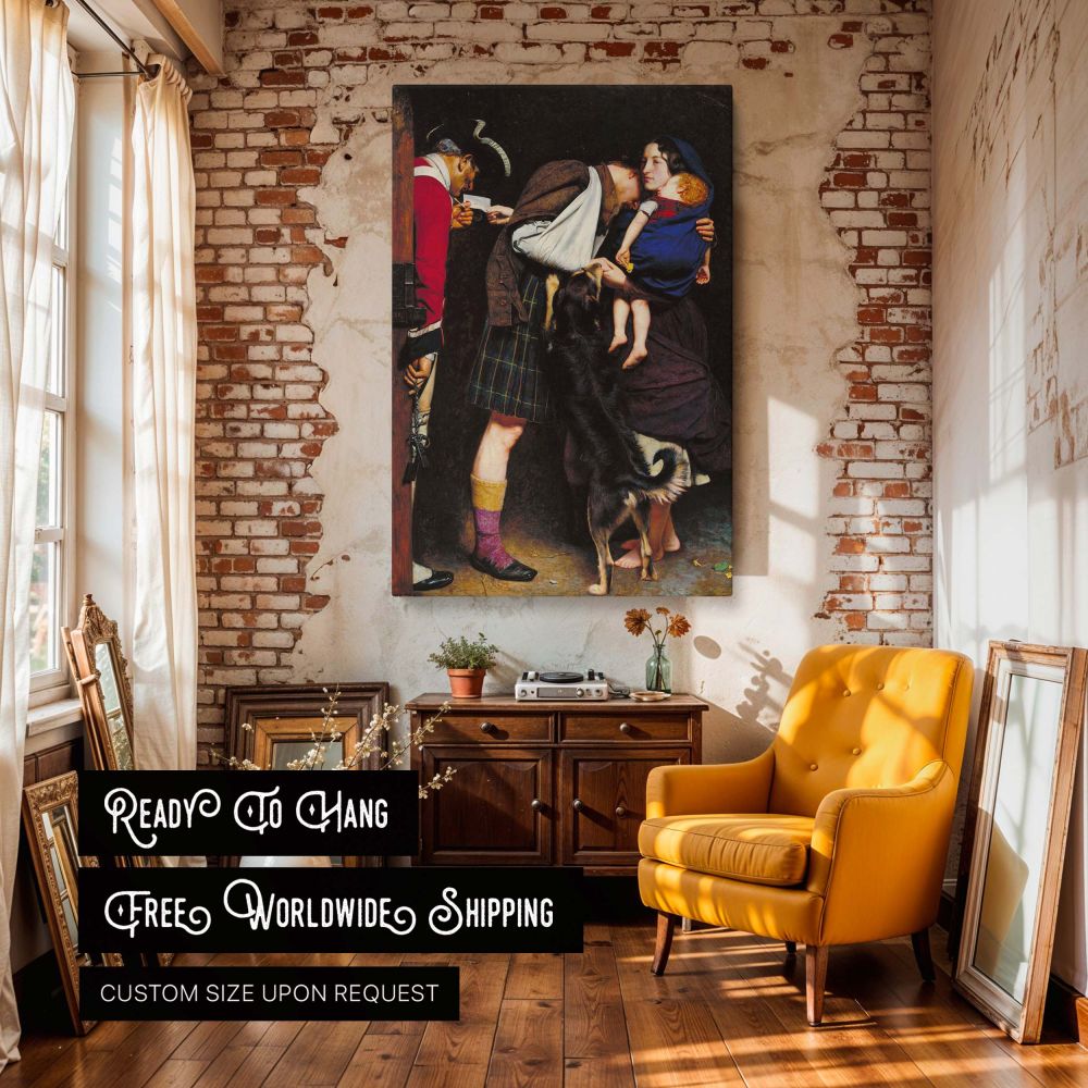 High-resolution canvas wall art of The Order of Release 1746 by Sir John Everett Millais showing a dramatic Victorian moment between soldier, wife, and child, perfect for historical home decor and lovers of romantic narrative paintings.
