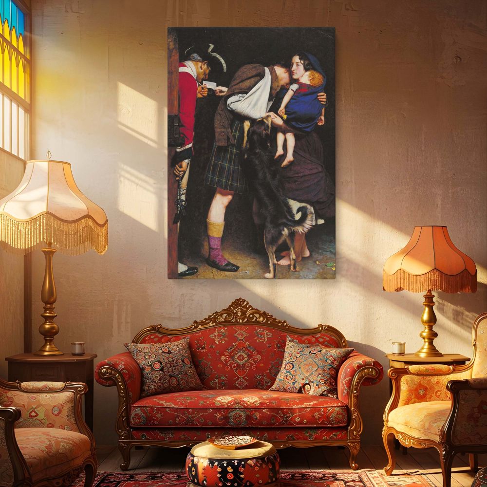 Emotional canvas print of The Order of Release 1746 by Millais featuring a Jacobite soldier reuniting with his family, capturing love, loyalty, and historic drama in detailed brushwork, now available as fine wall art for classical home interiors.