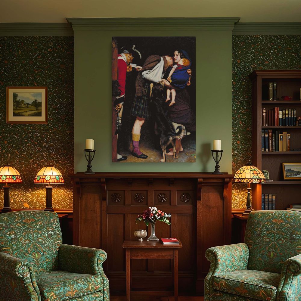 Romantic historical scene from The Order of Release 1746 by Sir John Everett Millais printed on canvas wall art showing rich Victorian color tones and emotional expressions, ideal for lovers of Pre-Raphaelite painting and heartfelt decor.