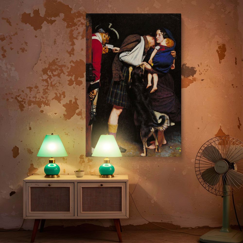 The Order of Release 1746 canvas wall art reproduction showing a soldier leaning into a kiss as his wife holds their child and official documents, a detailed and moving painting by Millais perfect for vintage art collectors and history enthusiasts.