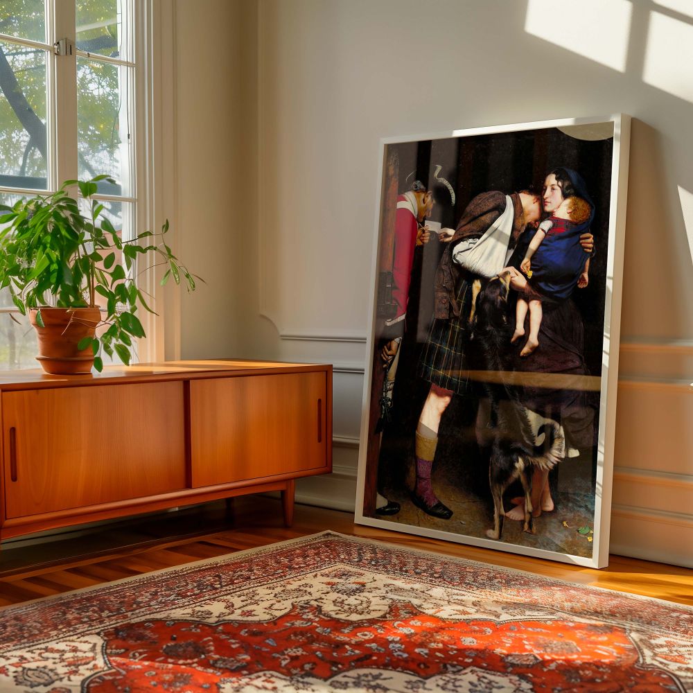 Museum-quality canvas print of The Order of Release 1746 by Sir John Everett Millais showing detailed Victorian clothing, rich color contrast, and emotional intensity, suitable for classic decor with a romantic or historic theme.