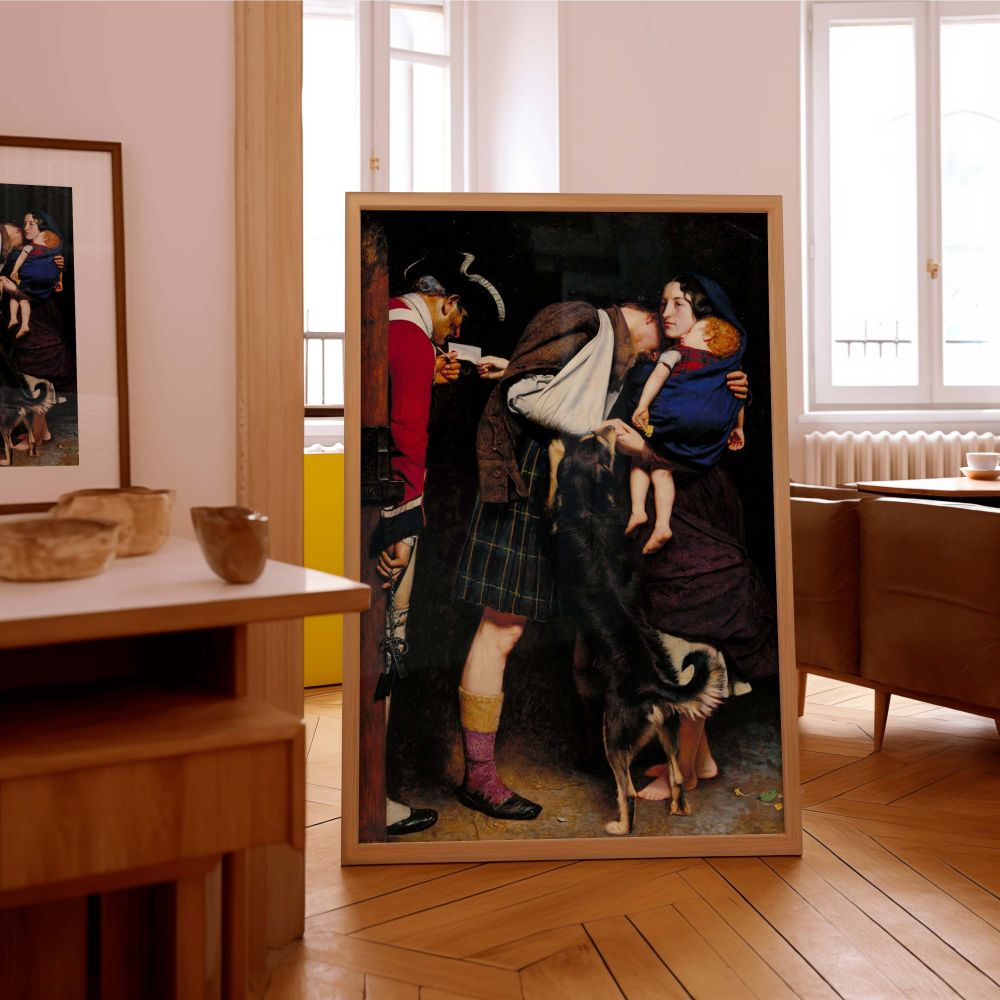 Canvas wall art of Millais's The Order of Release 1746 showing a dramatic moment of emotional and military tension between family and guard, ideal for collectors of historical paintings and romantic Pre-Raphaelite artwork.