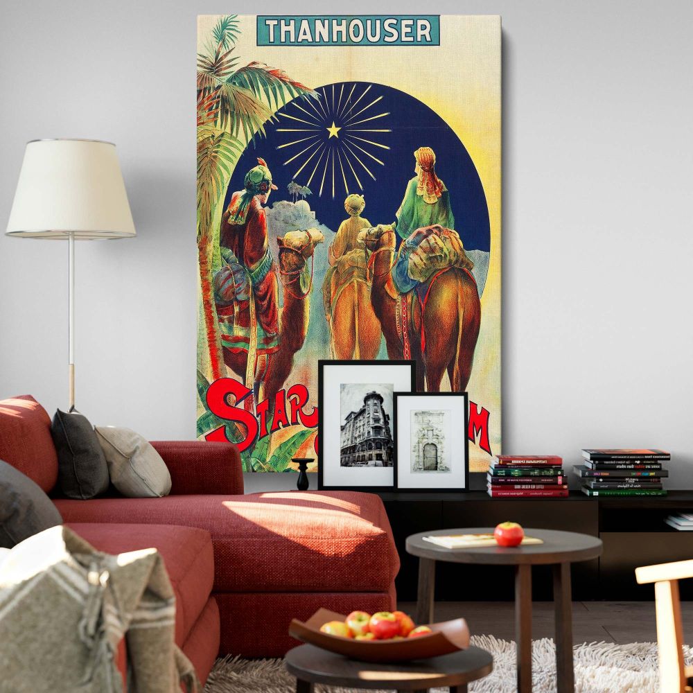 The Star of Bethlehem 1912 British movie poster framed canvas print featuring the Three Wise Men following the Star, a vintage religious film artwork perfect for home decor, movie enthusiasts, and collectors of classic biblical-themed posters.
