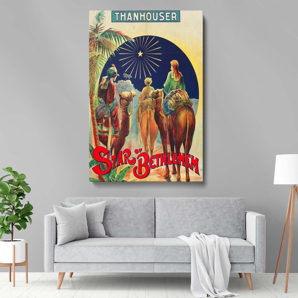 Classic religious film poster print of The Star of Bethlehem 1912 framed on canvas, depicting Three Wise Men on their journey, an elegant and faith-inspired home decoration for churches, prayer rooms, and history enthusiasts.