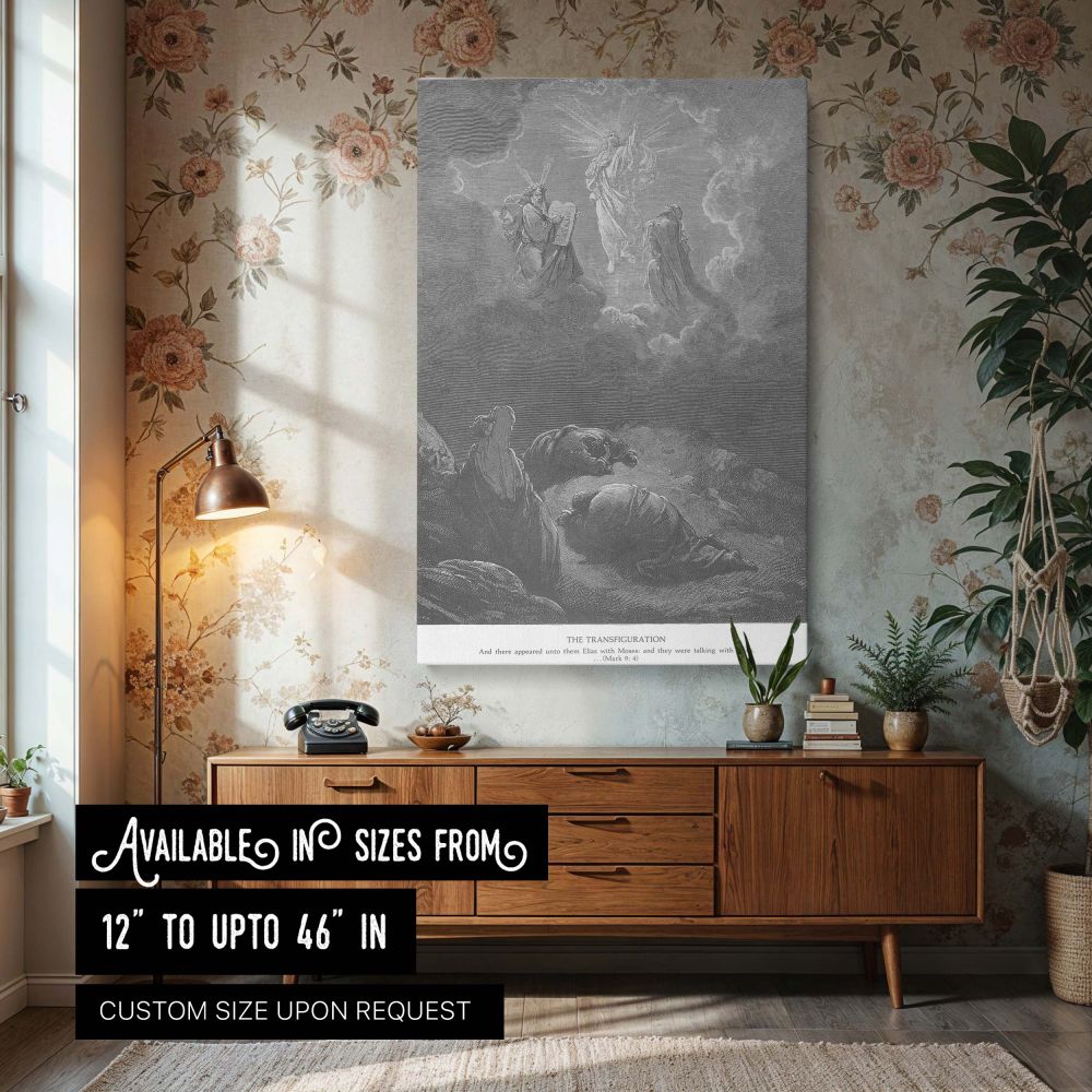Canvas wall art featuring The Transfiguration by Gustave Dore depicting the divine moment when Jesus appears radiant with Moses and Elijah, surrounded by clouds and divine light, while the disciples cower in awe-perfect Christian artwork for religious hom