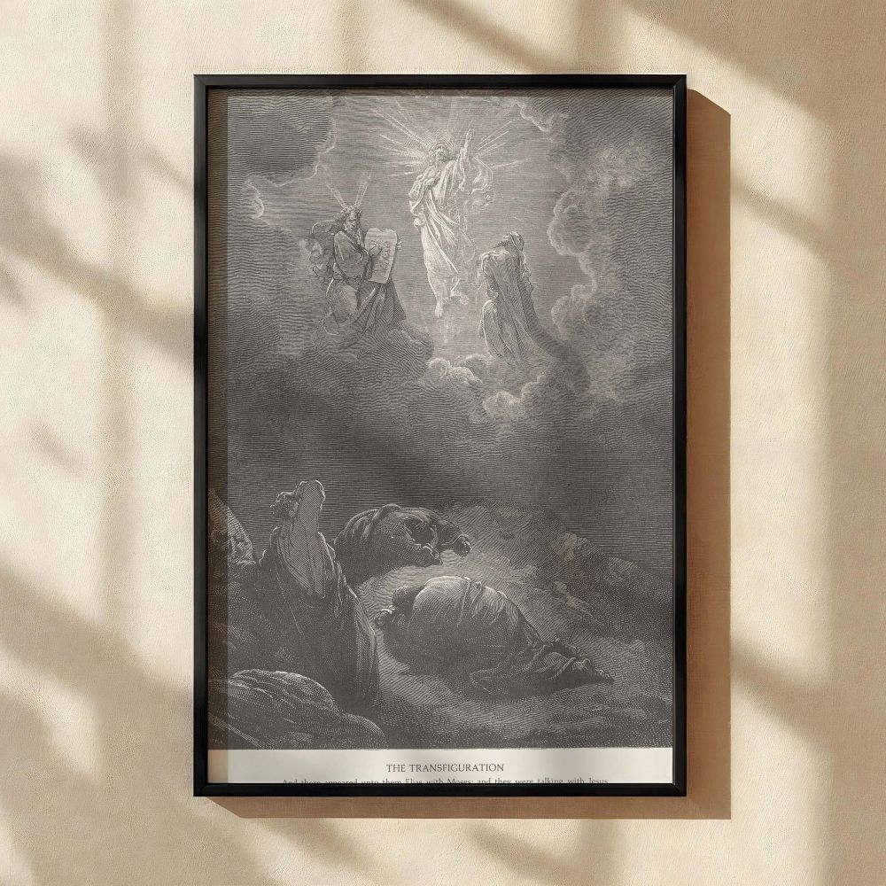 This dramatic Gustave Dore canvas wall art captures the biblical Transfiguration scene where Jesus glows in divine brilliance above three trembling disciples-ideal religious artwork for faith-based wall decor or traditional Christian home spaces inspired 