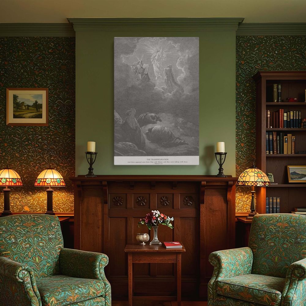 The Transfiguration by Gustave Dore in stunning canvas wall art format, featuring Christ's heavenly glow, prophets Moses and Elijah, and astonished disciples-this piece of Christian artwork brings sacred scripture and masterful biblical engraving to your 