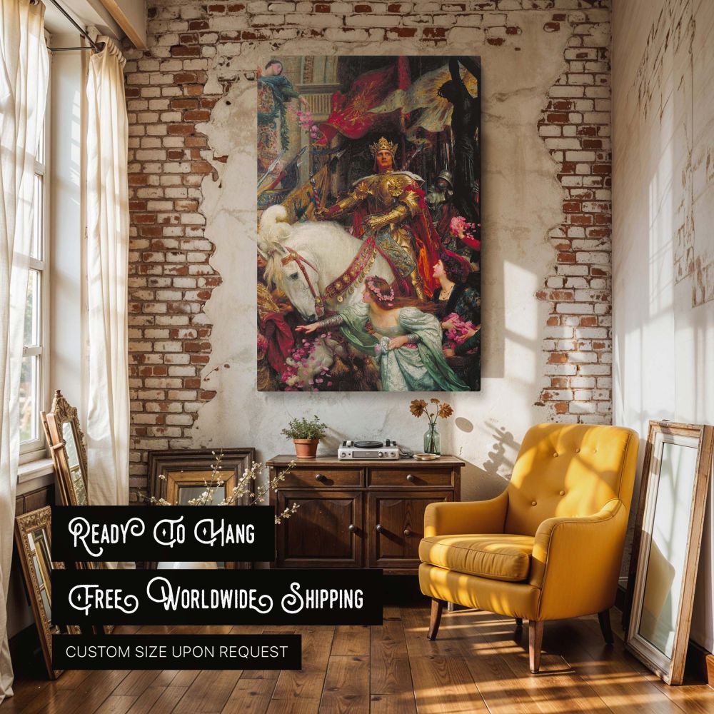 Knight in golden armor holds a ceremonial posture while petals rain down and a white horse leads the way. This majestic canvas print captures the symbolism of earthly and spiritual crowns, with deep red and gold fabrics enhancing the emotional tone. Perfe