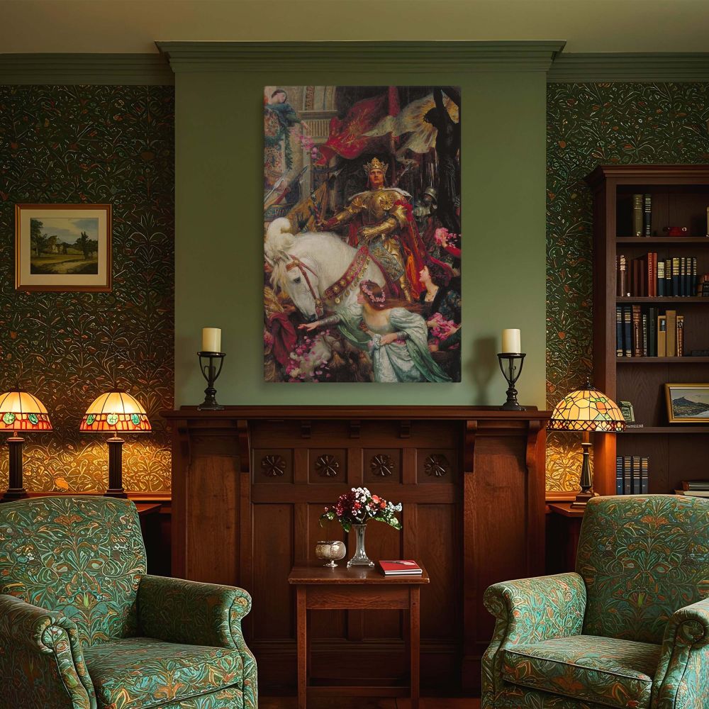 Canvas wall art featuring a golden knight on horseback in a sea of movement, color, and texture. Flags wave, flowers bloom, and young women in elegant dresses offer petals in reverence. Painted by Frank Dicksee, this dynamic composition evokes feelings of