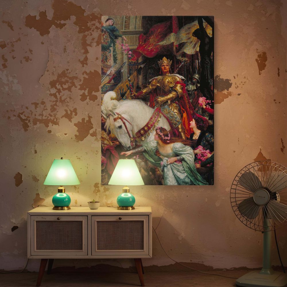 Dramatic canvas wall print showing a ceremonial knight with a gleaming crown and intricately detailed armor. Accompanied by a white horse and flower-bearing maidens, the artwork immerses the viewer in a moment of visual poetry. With soft pink, gold, and r