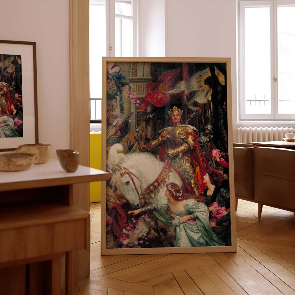 Sir Frank Dicksee's famous painting brought to life as a detailed canvas wall print, filled with symbolic power. A majestic king rides a white horse through a ceremonial crowd, crowned by glory and surrounded by pink petals. Vibrant flags and armor shimme