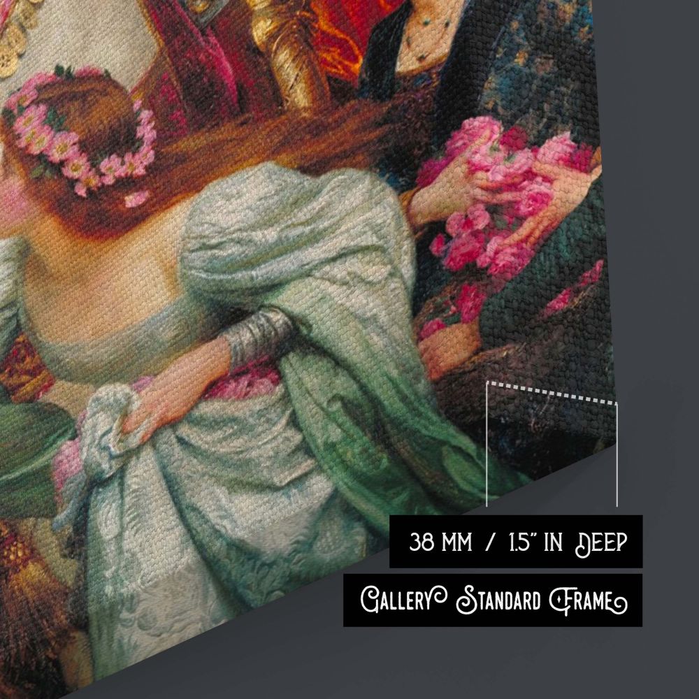 Regal procession captured in canvas print format, featuring a noble knight in shining armor on a flower-decorated white horse. Women in rich gowns toss petals, evoking reverence and beauty. The surrounding banners and architecture enhance the artwork's de