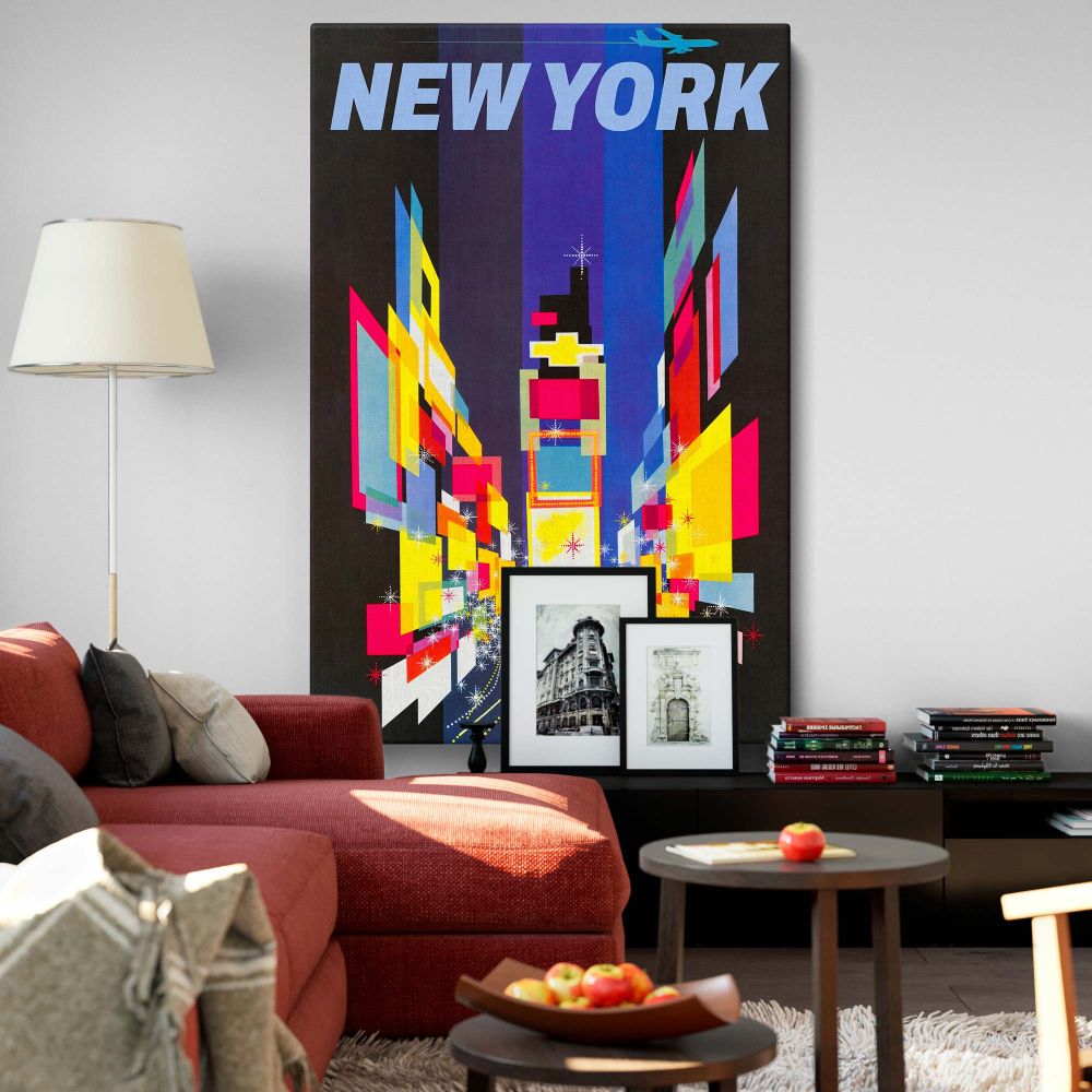 Vibrant modern wall canvas showcasing an abstract depiction of New York City with bold geometric shapes, vivid colors, and twinkling light accents that evoke the lively energy and bright atmosphere of Times Square for a stylish urban decor theme.