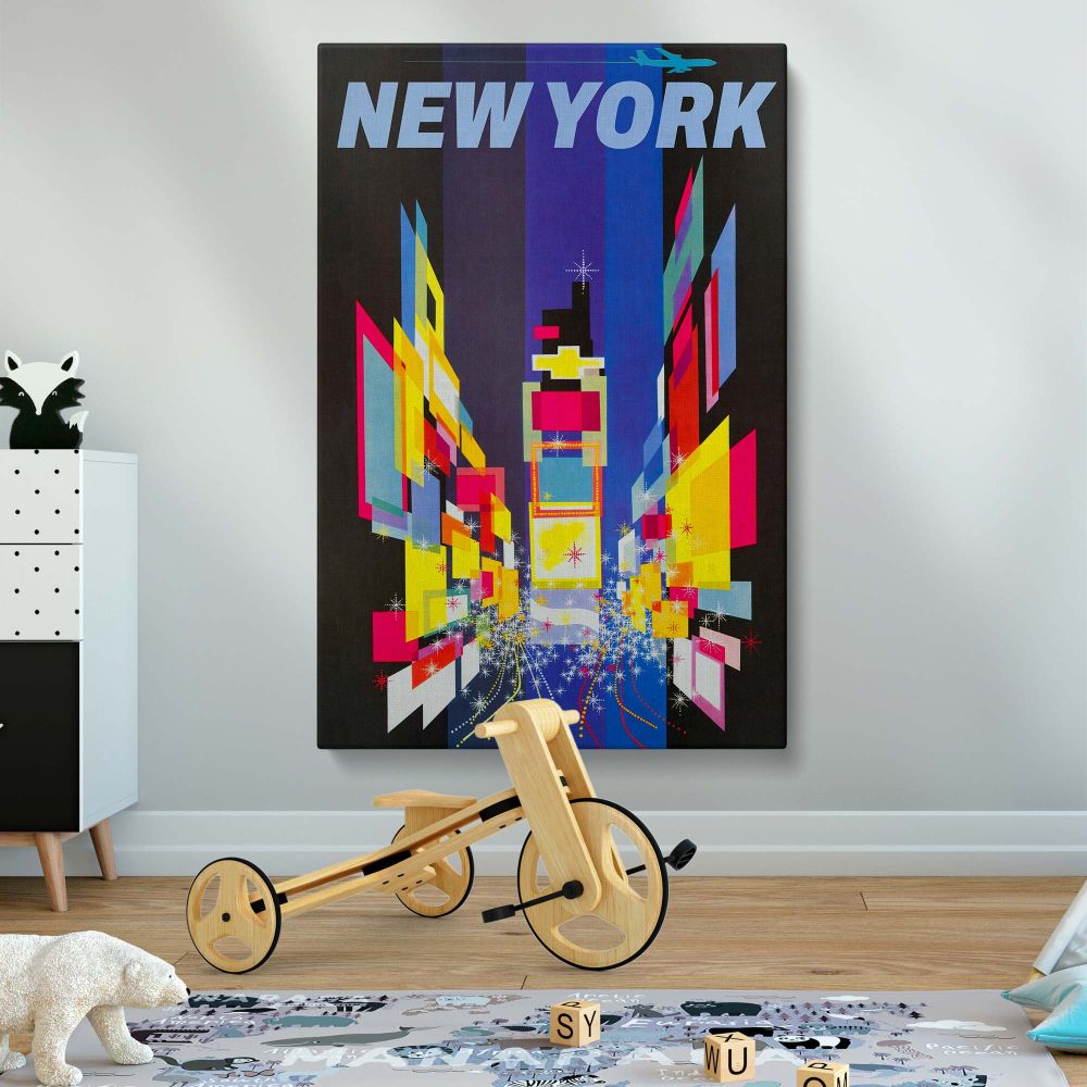 Abstract New York City art print featuring colorful geometric elements and sparkling lights, highlighting the iconic energy and dynamic skyline of Times Square, ideal for contemporary wall decor and urban-inspired living spaces.