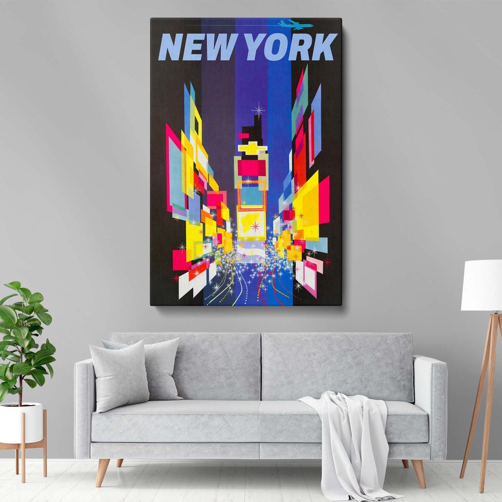 Modern New York City wall art with a vibrant abstract design of colorful geometric shapes and twinkling lights, representing the excitement and urban charm of Times Square for bold and stylish home or office decor.