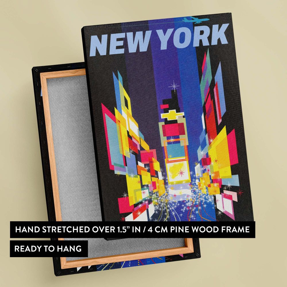 Contemporary art print showcasing New York City in an abstract style with bold geometric shapes, glowing light patterns, and vivid colors, capturing the vibrant energy of Times Square and adding a modern touch to any space.
