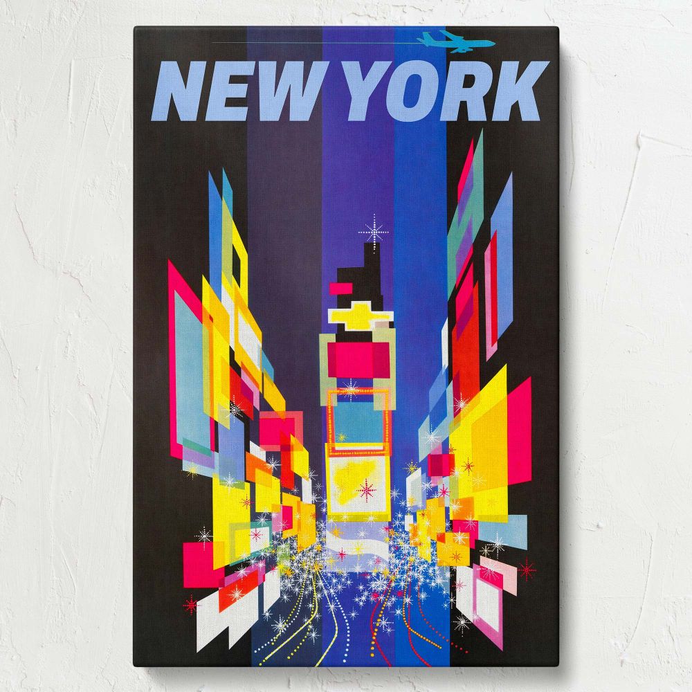 New York City-themed wall canvas featuring an abstract geometric design with bright colors and starry light details, symbolizing the lively atmosphere of Times Square in a dynamic and artistic way for modern urban decor.