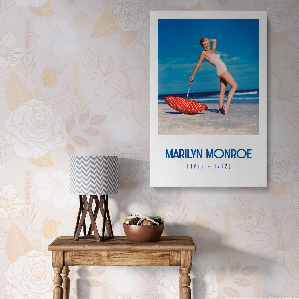 High-quality Marilyn Monroe canvas wall art featuring the iconic actress in a tasteful nude pose at Tobey Beach. This elegant canvas print adds vintage charm and sensuality to bedroom wall decor or living room decor. A perfect gift for her, this trendy wa