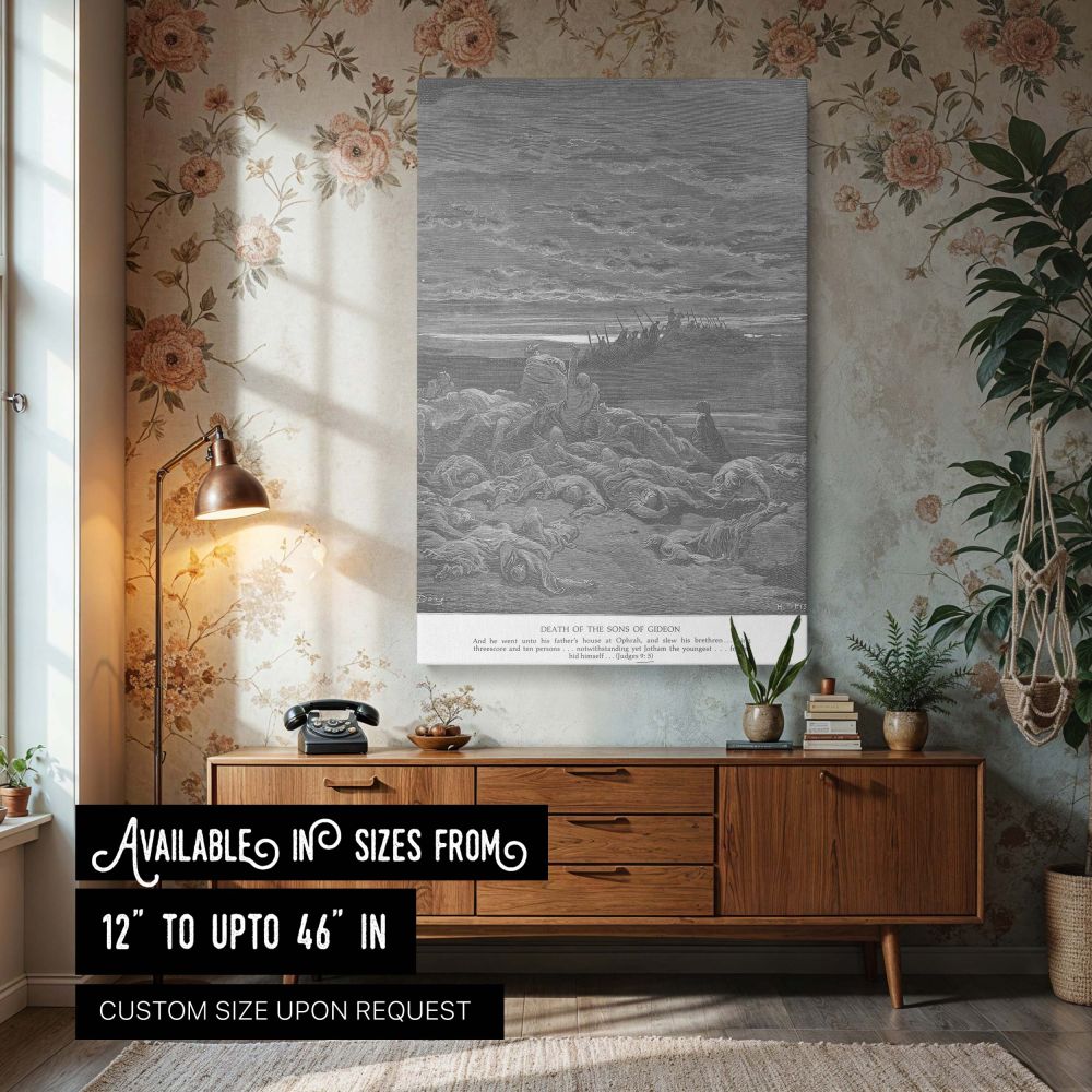 Canvas wall art of Gustave Dore's engraving The Death of Gideon's Sons showing fallen figures in the foreground beneath a cloudy sky with distant soldiers departing, ideal for sacred study spaces, church libraries, or reflective spiritual interiors.