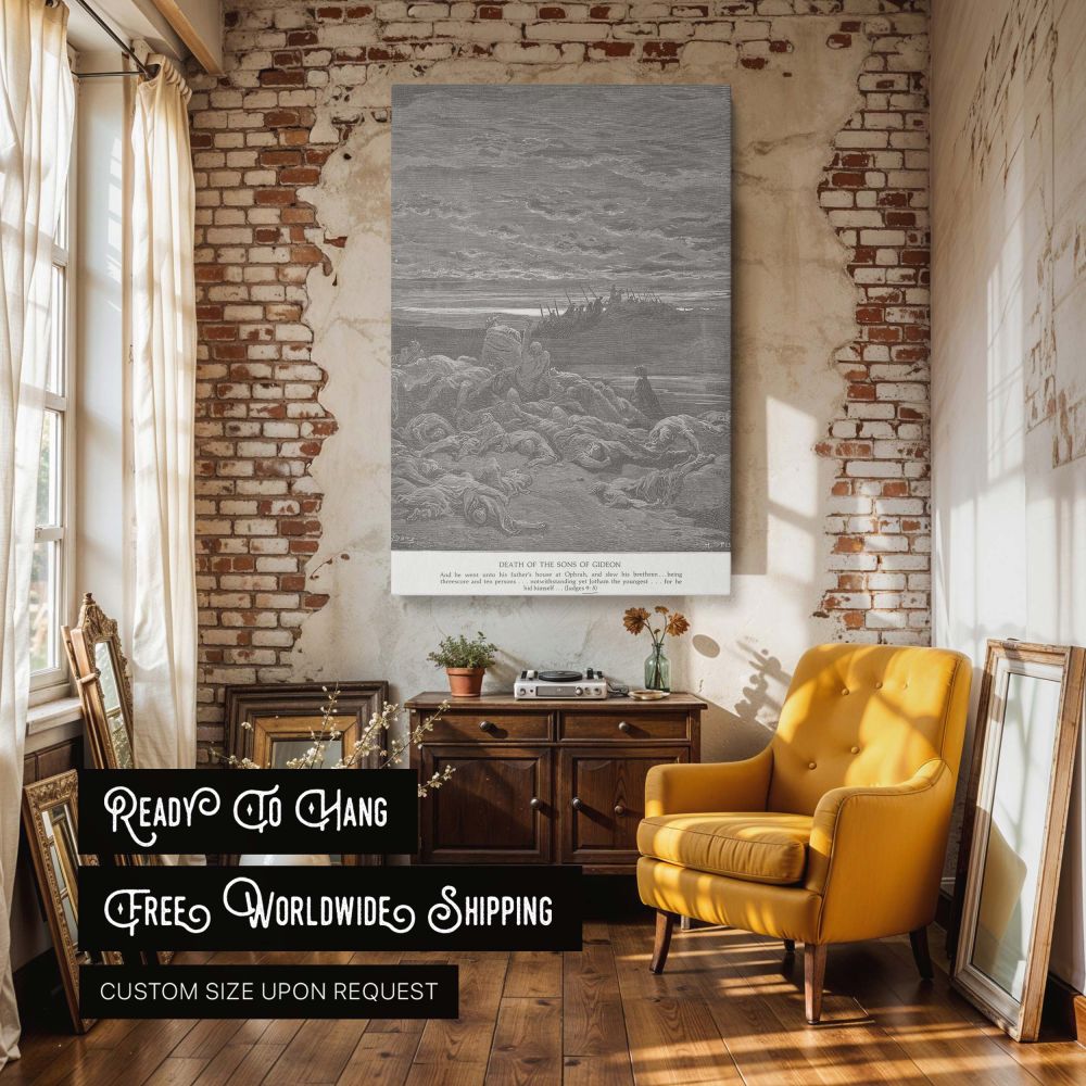 Religious wall canvas capturing the sorrowful aftermath of a biblical massacre with a haunting landscape of fallen sons and retreating warriors, a contemplative piece suited for faith-based environments or devotional study areas.