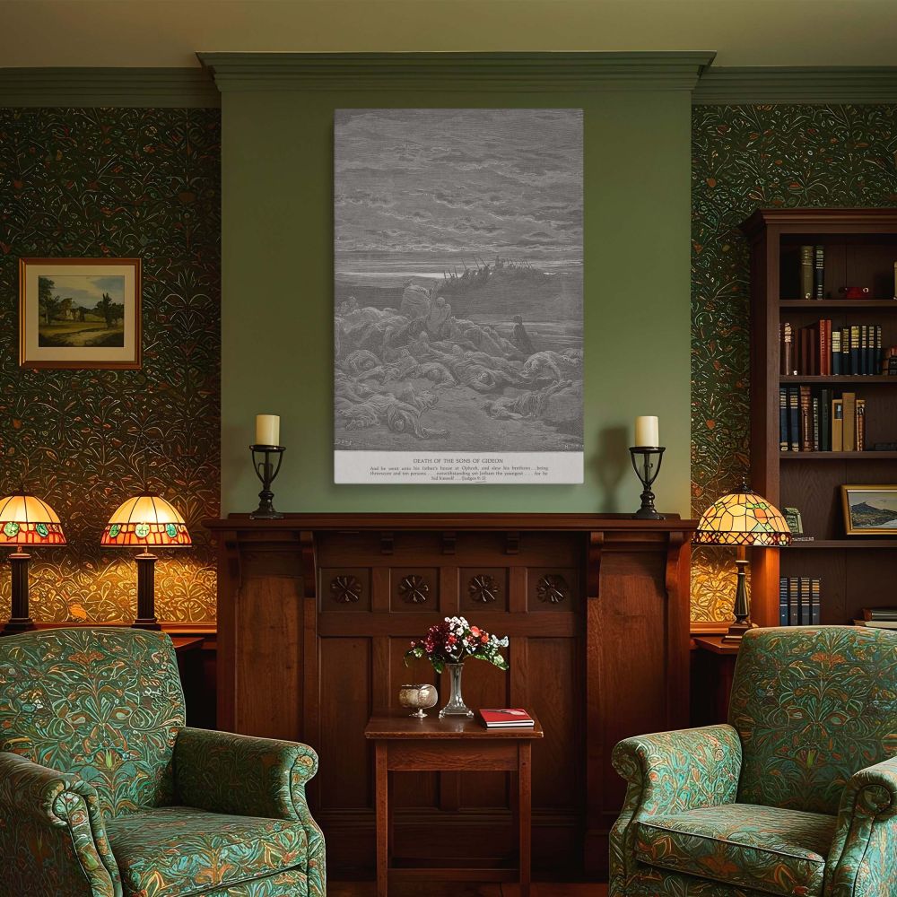 Canvas print of Gustave Dore's tragic scene featuring the slain sons of Gideon with quiet visual gravity and spiritual weight, rendered in black-and-white linework for traditional biblical decor settings.