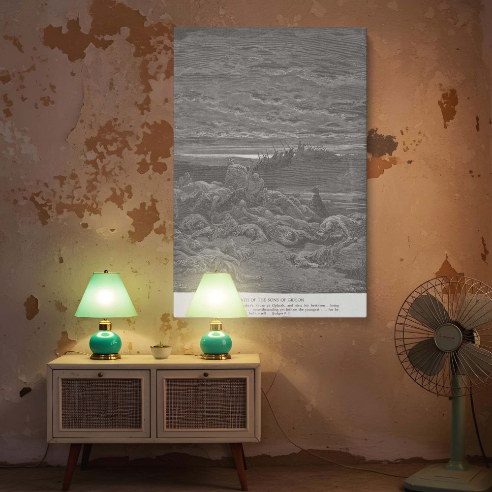 Scriptural wall canvas showing grief and divine justice through the lifeless bodies of Gideon's sons, contrasting with armed soldiers in the background, fitting for spiritual spaces and theological reflection rooms.