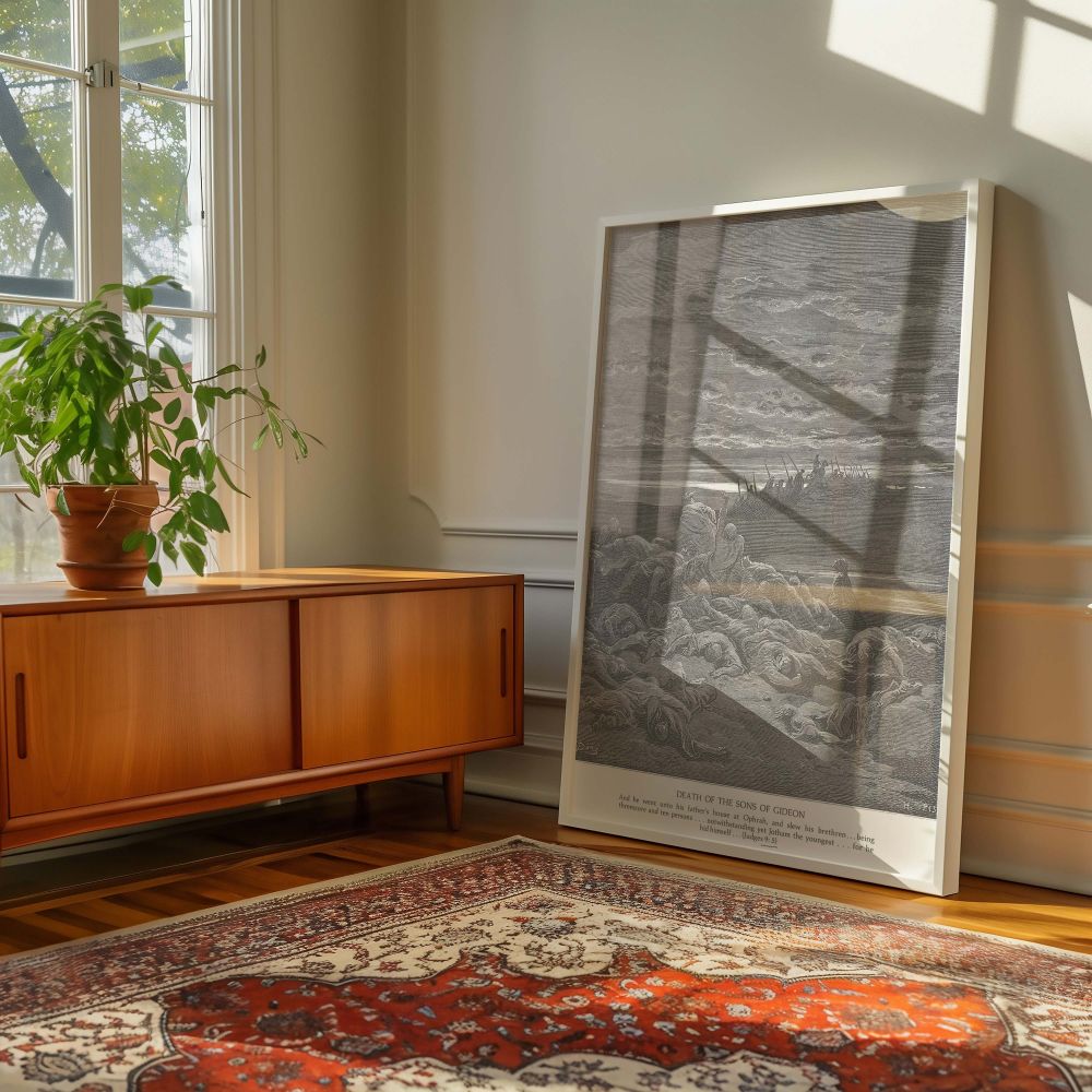 Powerful grayscale canvas art of Dore's sorrowful biblical engraving showing aftermath and loss, designed for religious spaces that encourage thoughtful engagement with sacred stories and moral consequence.